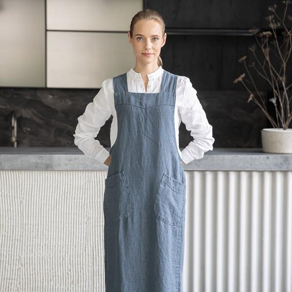 Linenme Linen Back Cross Apron Blue Terra