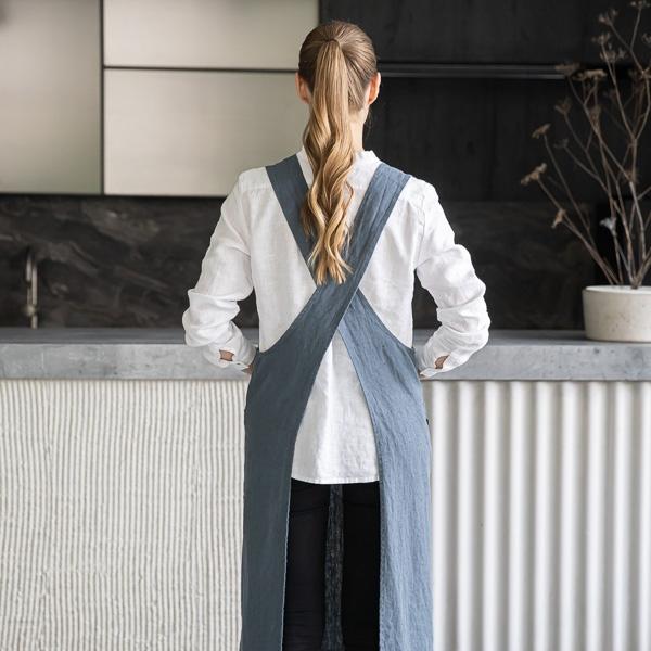 Linenme Linen Back Cross Apron Blue Terra