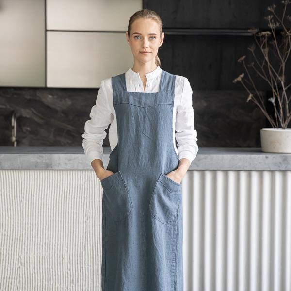 linenme Linen Back Cross Apron Blue Terra