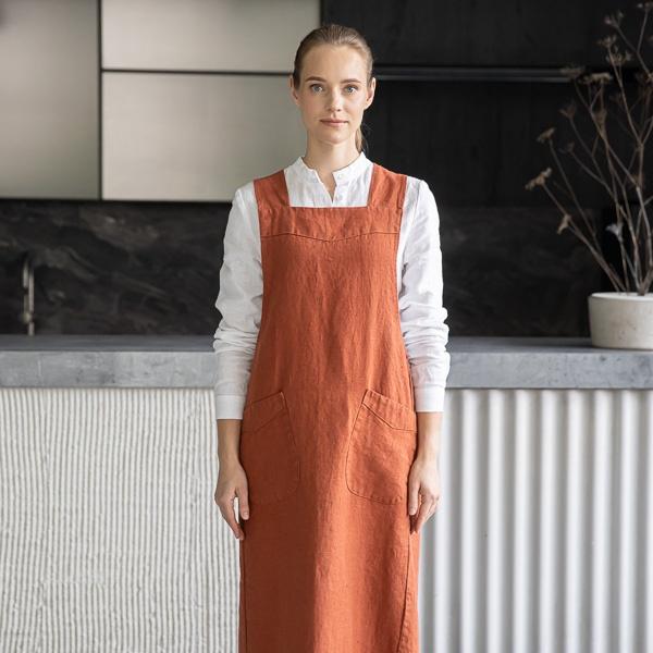 Linenme Linen Back Cross Apron Brick Terra