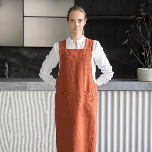 Linenme Linen Back Cross Apron Brick Terra