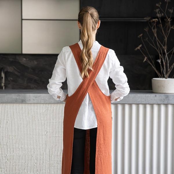 Linenme Linen Back Cross Apron Brick Terra