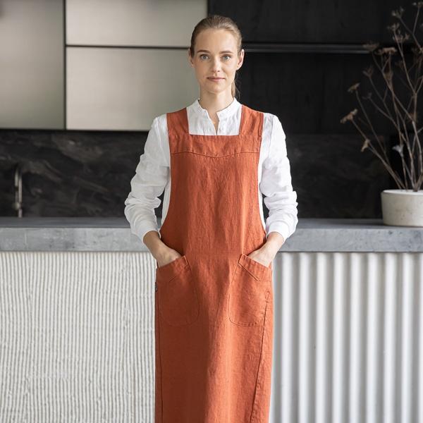 linenme Linen Back Cross Apron Brick Terra