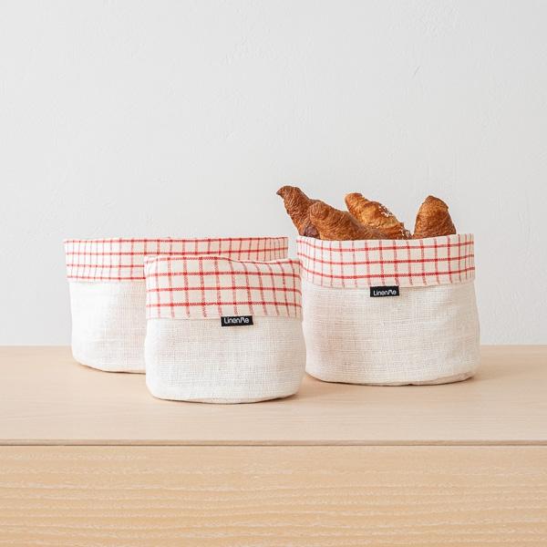 linenme Linen Basket Graphic Check Off White Red
