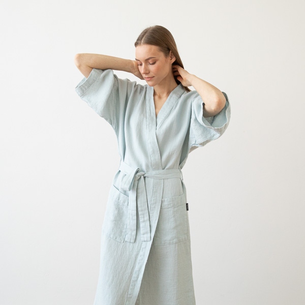 linenme Linen Bath Robe Washed Waffle