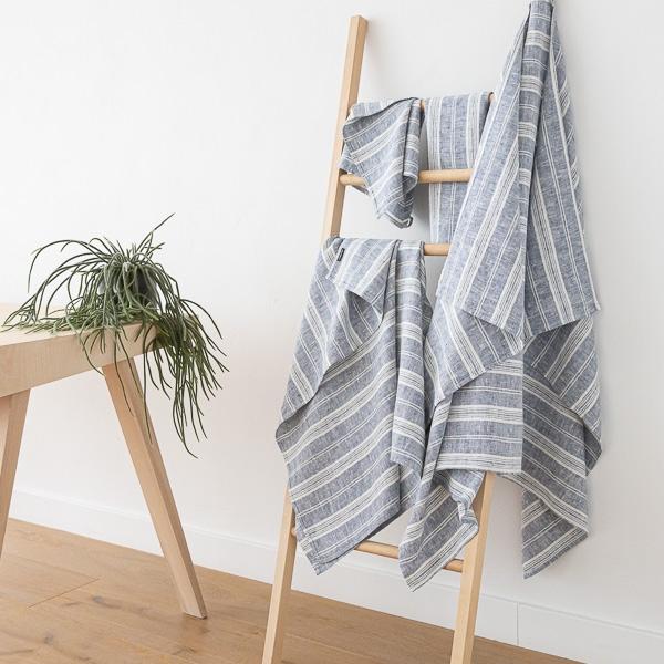 Linenme Linen Bath Towels Set Indigo Multistripe