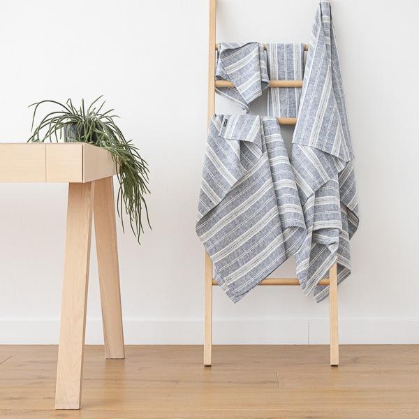 Linenme Linen Bath Towels Set Indigo Multistripe