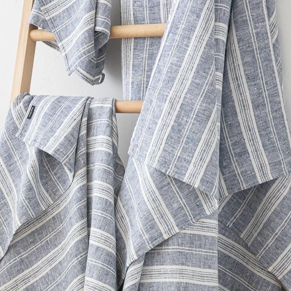 Linenme Linen Bath Towels Set Indigo Multistripe