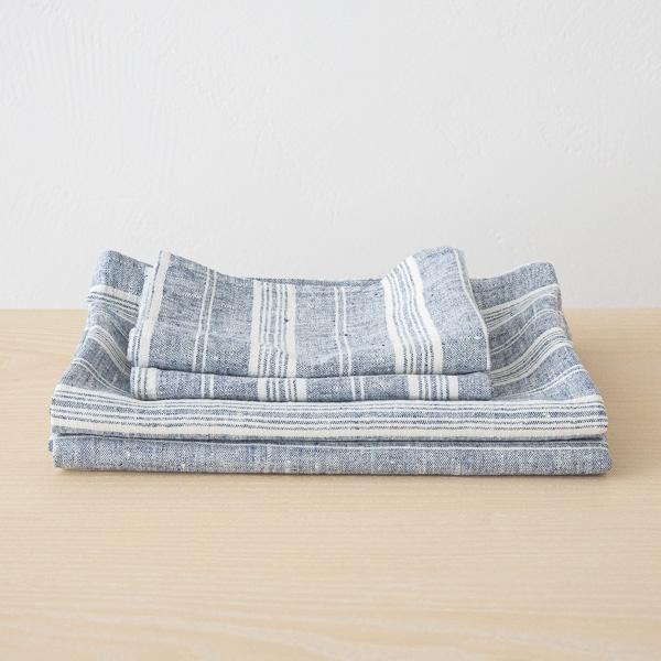 linenme Linen Bath Towels Set Indigo Multistripe