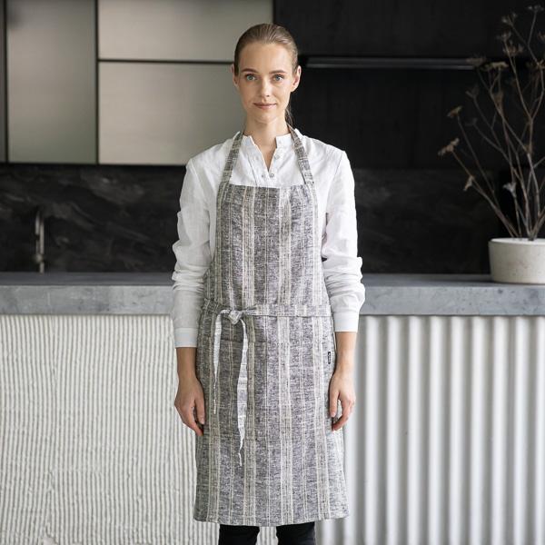 Linenme Linen Bib Apron Black Natural Multistripe