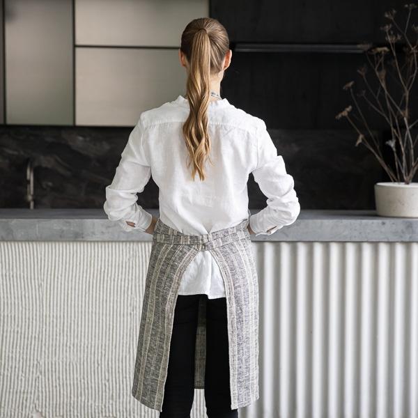 Linenme Linen Bib Apron Black Natural Multistripe