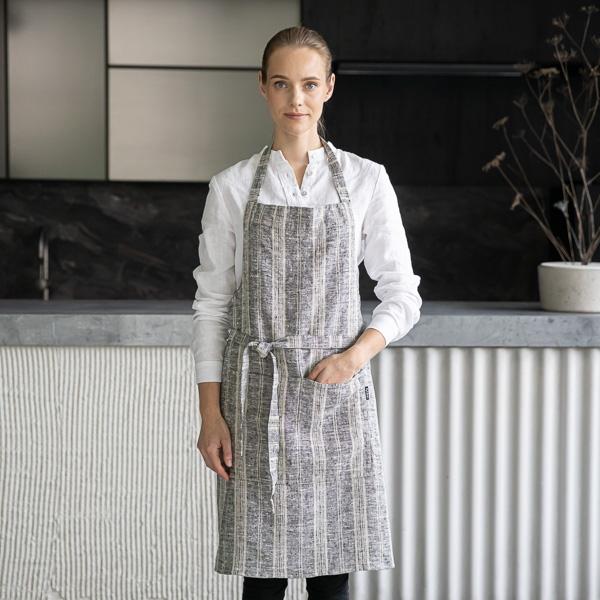 linenme Linen Bib Apron Black Natural Multistripe