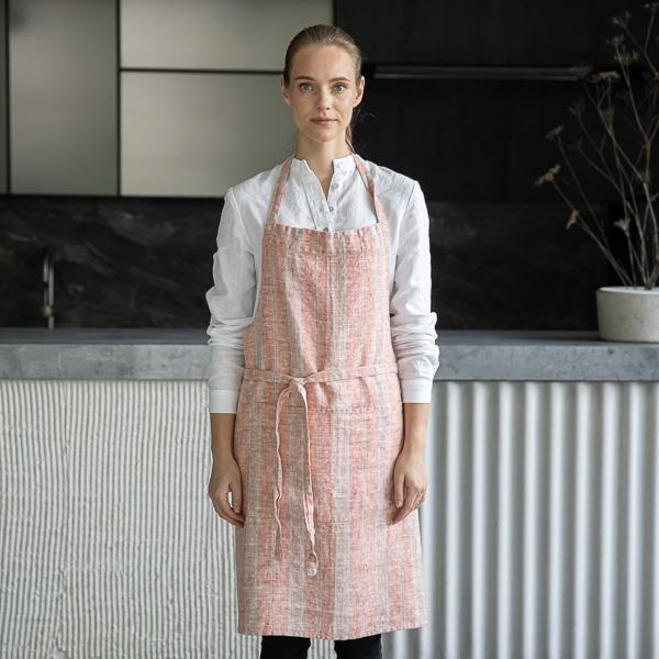 Linenme Linen Bib Apron Brick Natural Multistripe