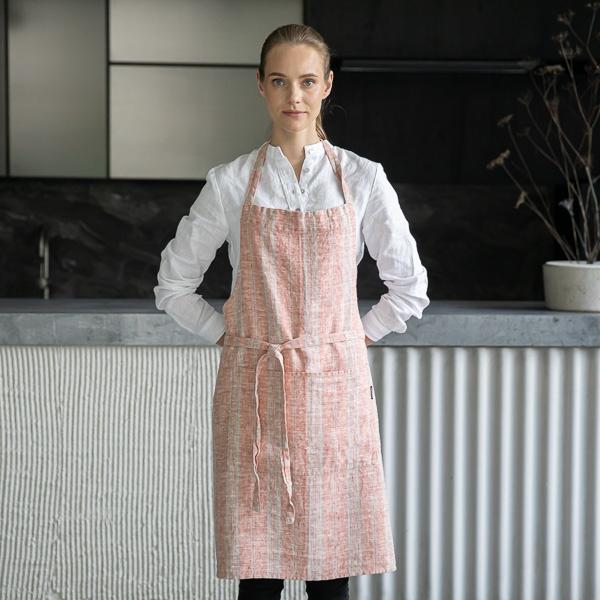 Linenme Linen Bib Apron Brick Natural Multistripe