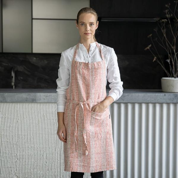 linenme Linen Bib Apron Brick Natural Multistripe