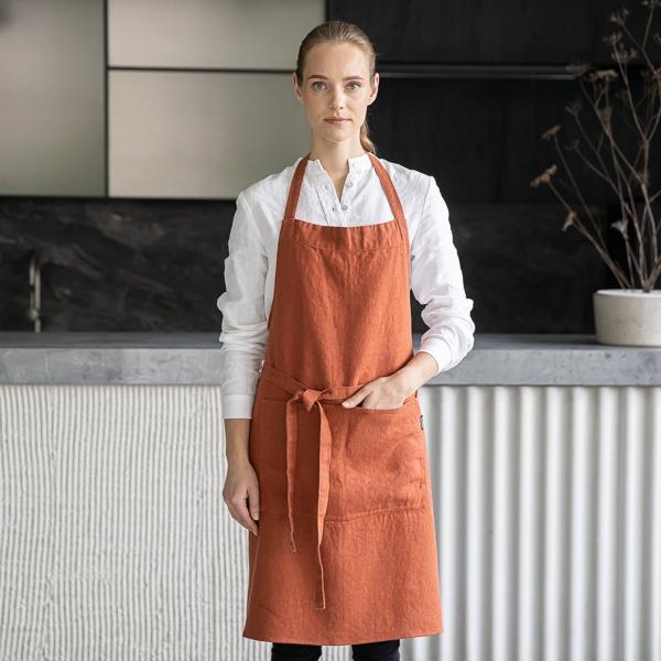 linenme Linen Bib Apron Brick Terra