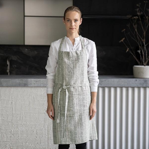 Linenme Linen Bib Apron Forest Green Multistripe