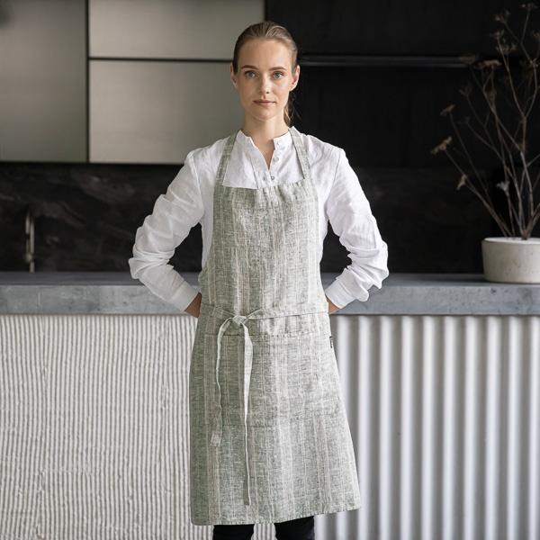 Linenme Linen Bib Apron Forest Green Multistripe