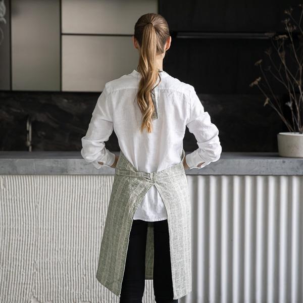 Linenme Linen Bib Apron Forest Green Multistripe