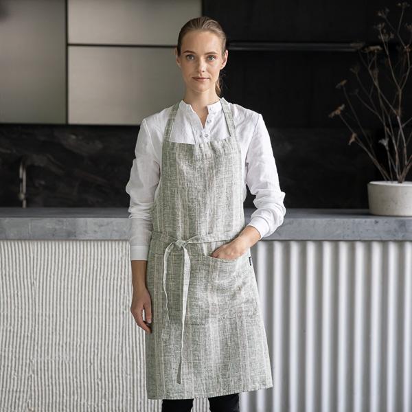 linenme Linen Bib Apron Forest Green Multistripe