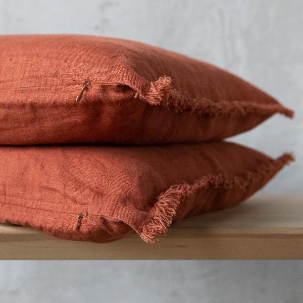 Linenme Linen Cushion Cover Brick Terra Fringe