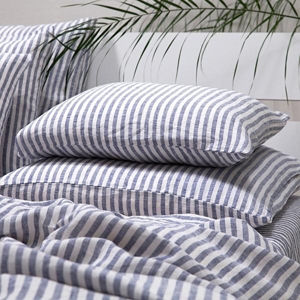 Linenme Linen Fabric Washed Ticking Stripe Indigo