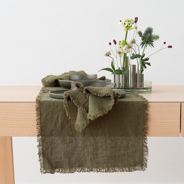 Linenme Linen Placemat Olive Green Terra Fringe