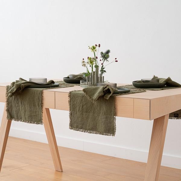 Linenme Linen Placemat Olive Green Terra Fringe