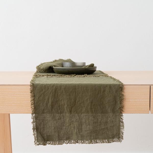 linenme Linen Placemat Olive Green Terra Fringe