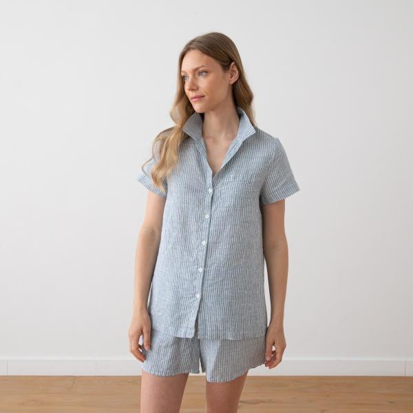 Linenme Linen Pyjama Medium Stripe Blue Emilia