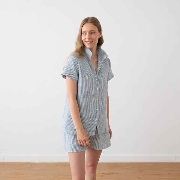 Linenme Linen Pyjama Medium Stripe Blue Emilia
