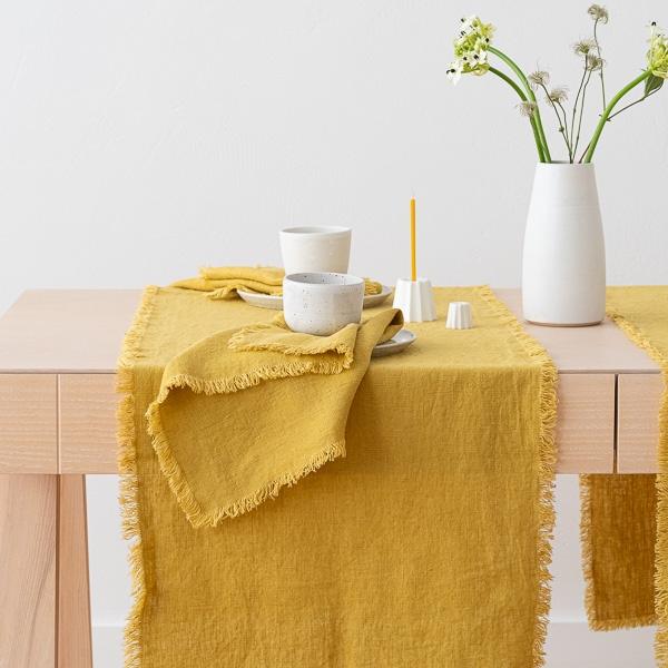 Linenme Linen Runner Antique Gold Terra Fringe