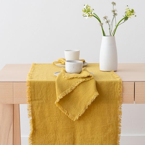 linenme Linen Runner Antique Gold Terra Fringe