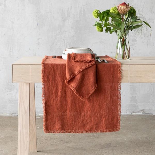 linenme Linen Runner Brick Terra Fringe