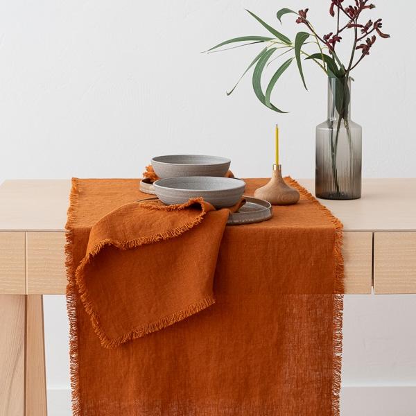 linenme Linen Runner Cinnamon Terra Fringe