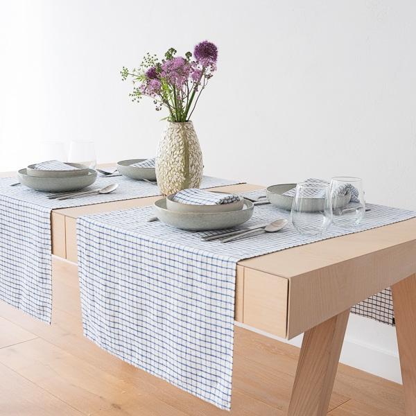 Linenme Linen Runner Graphic Check Off White Blue