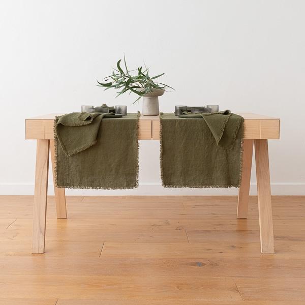 Linenme Linen Runner Olive Green Terra Fringe