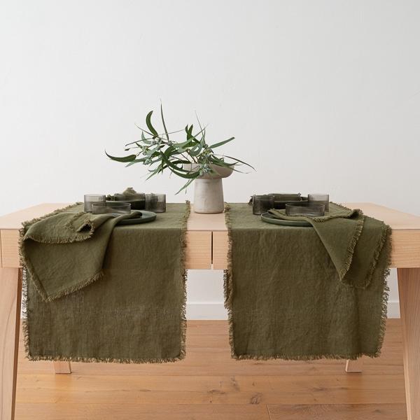Linenme Linen Runner Olive Green Terra Fringe