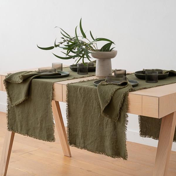 Linenme Linen Runner Olive Green Terra Fringe