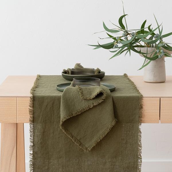 linenme Linen Runner Olive Green Terra Fringe