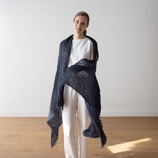 Linenme Linen Shawl Anthracite Garza Fringe
