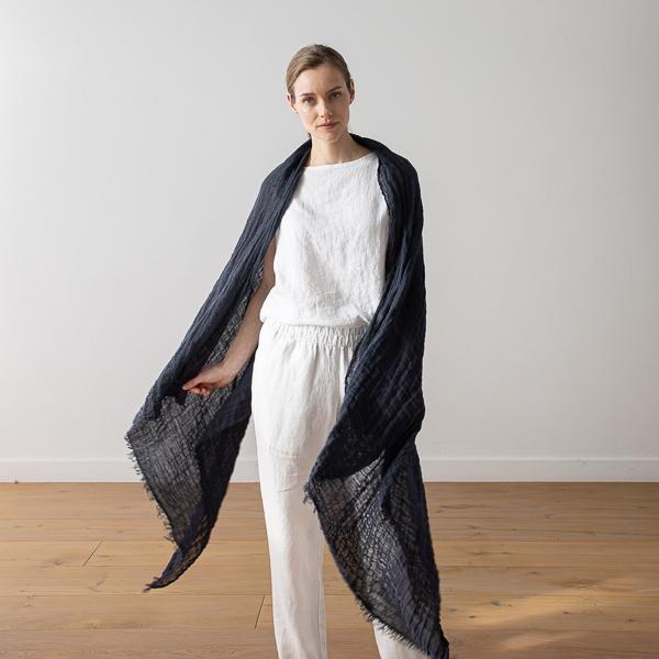 linenme Linen Shawl Anthracite Garza Fringe
