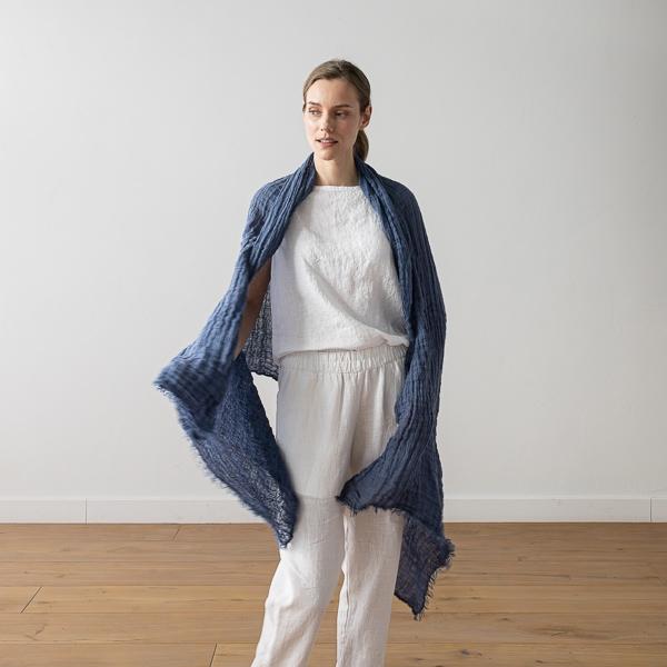Linenme Linen Shawl French Blue Garza Fringe