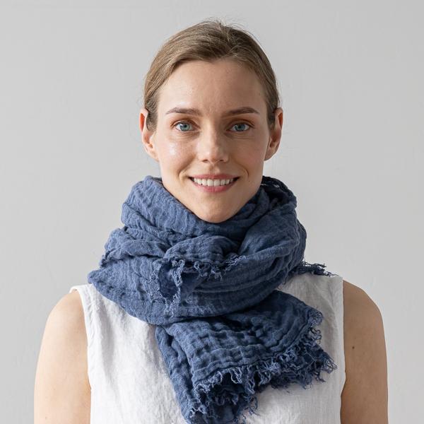 Linenme Linen Shawl French Blue Garza Fringe