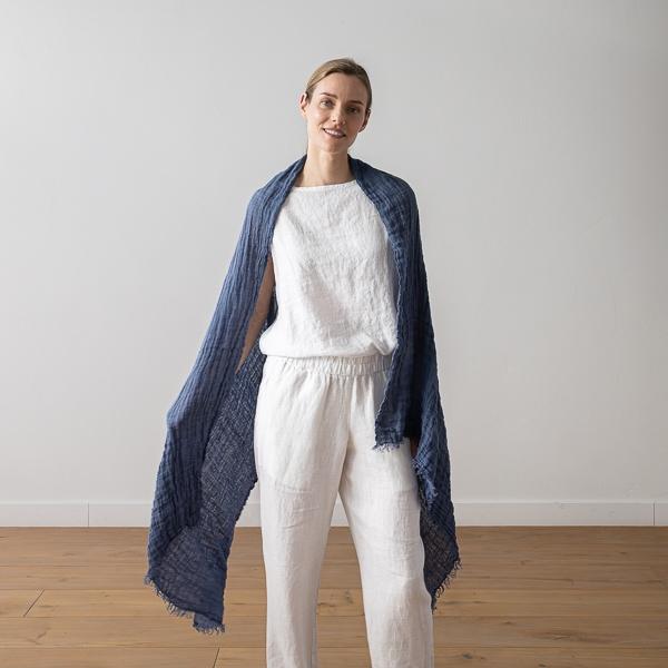 linenme Linen Shawl French Blue Garza Fringe