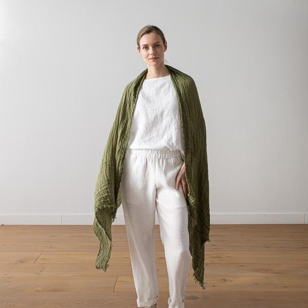Linenme Linen Shawl Olive Green Garza Fringe