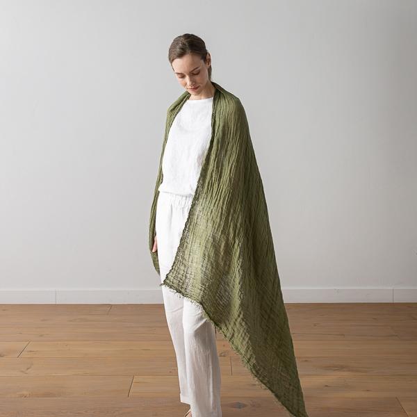 Linenme Linen Shawl Olive Green Garza Fringe