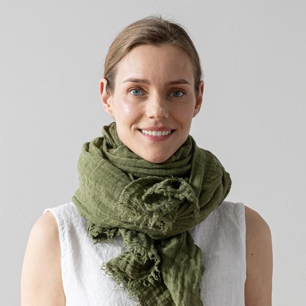 Linenme Linen Shawl Olive Green Garza Fringe