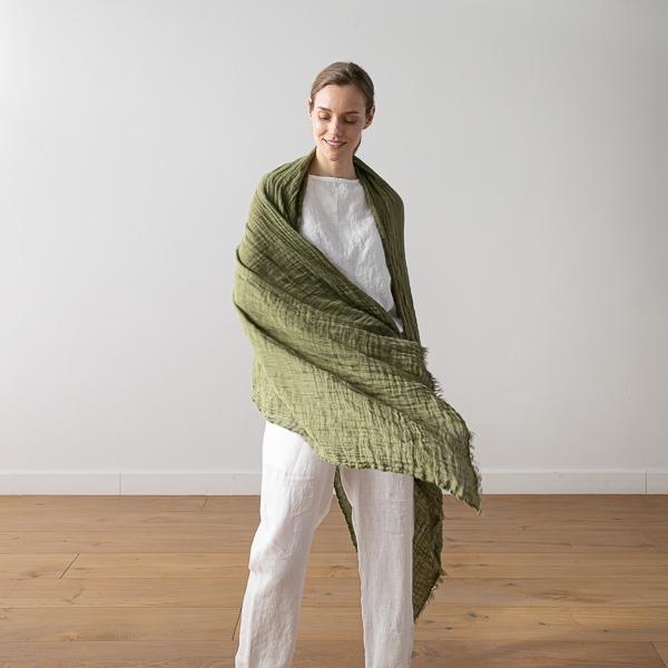 linenme Linen Shawl Olive Green Garza Fringe