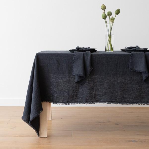 linenme Linen Tablecloth Charcoal Terra Fringe